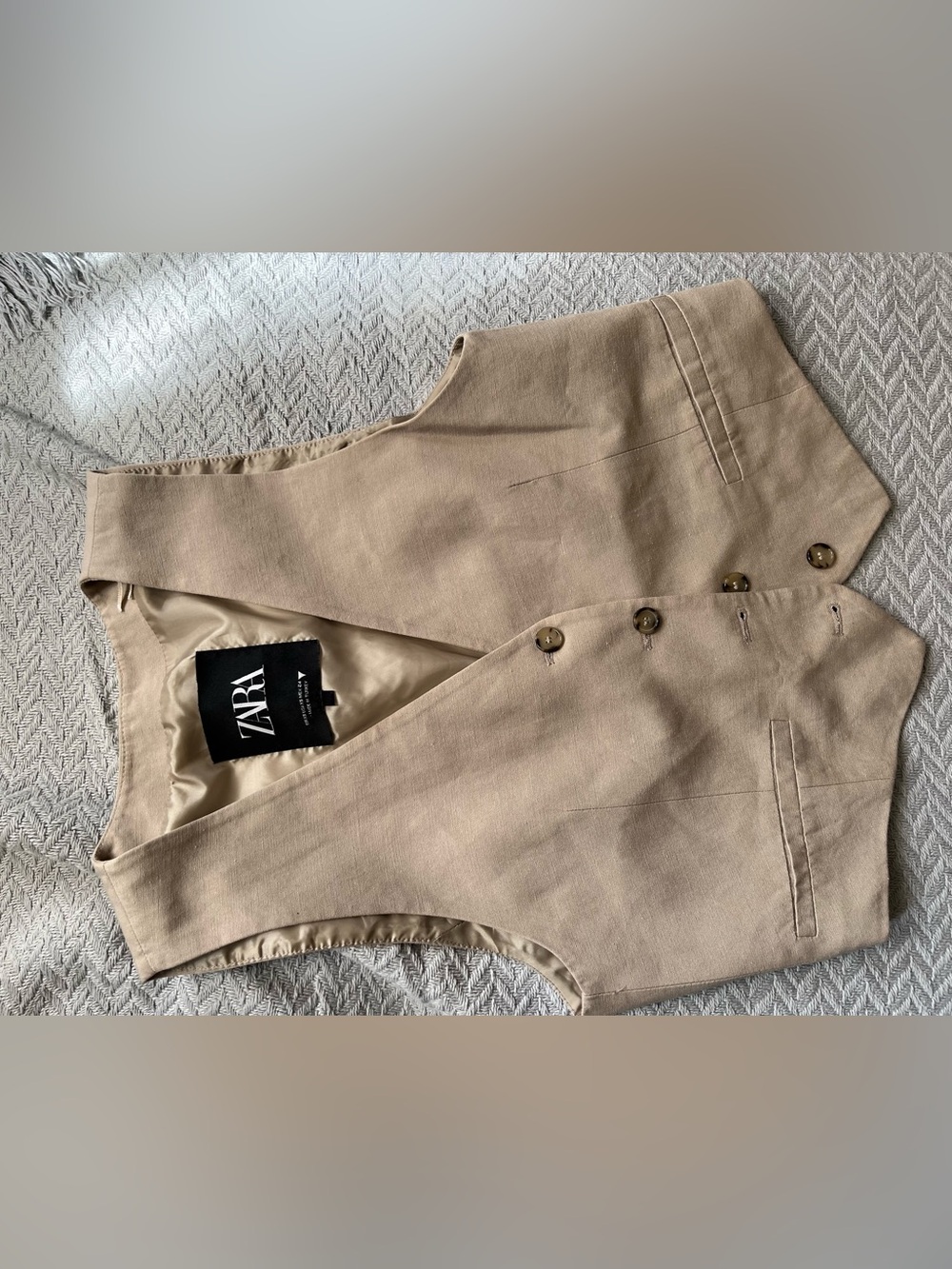 ZARA Khaki-Beige Linen Blend Tailored Vest